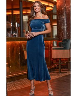 Sosandar Sapphire Luxe Velvet Bardot Dress - Blue