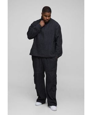 BoohooMAN Plus Textured Denim Funnel Neck Shirt - Black