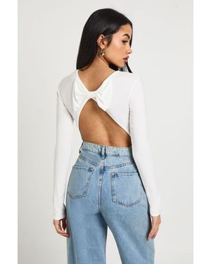 Boohoo Slinky Bow Back Detail Long Sleeve Bodysuit - Blue