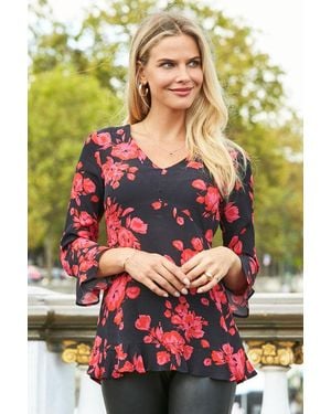 Sosandar Floral Print Ruffle Detail Tunic Top - Black