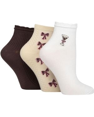 Elle 3 Pack Ladies Ribbed Anklet Socks With Frill Welt - Brown