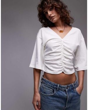 TOPSHOP Ruched V-Neck Short Sleeve Top - Grey