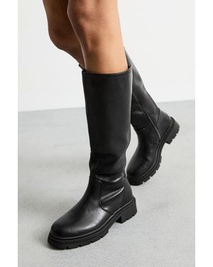 Faith Daphne Faux Leather Back Elastic Chunky Knee Boots - Black