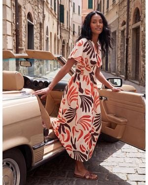 Blue Vanilla V Neck Abstract Leaf Print Dress - Brown