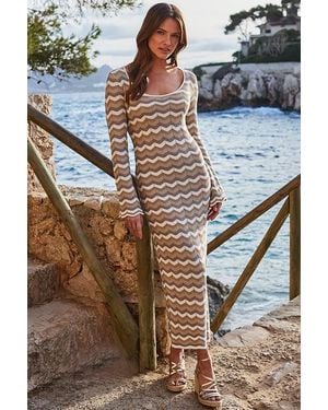 Sosandar Natural Metallic Chevron Flared Sleeve Fine Knit Midi Dress