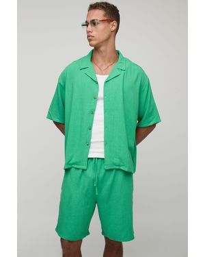 BoohooMAN Tall Relaxed Fit Linen Revere Shirt & Short Set - Green