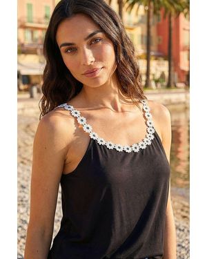 Roman Daisy Strap Sleeve Vest Top - Black