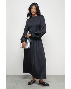 Oasis Satin Shirred Bodice Balloon Sleeve Midi Dress - Blue