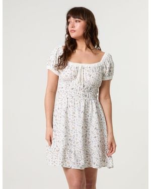 Blue Vanilla Puff Sleeve Shirred Mini Dress - White