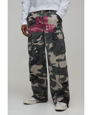 BoohooMAN Baggy Crotch Print Camo Trouser - Grey