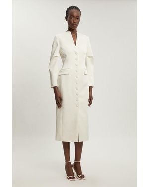 Karen Millen Petite Tailored Satin Button Through Midi Dress - Natural