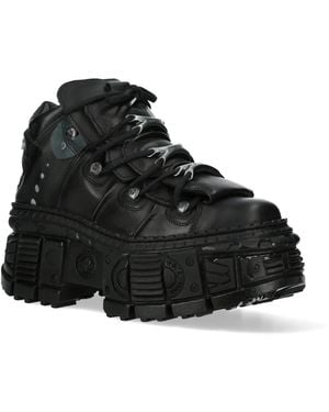 New Rock Metallic Ankle Leather Boots-Wall106-S12 - Black