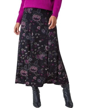 Roman Floral Print Midi Elastic Waist Stretch Skirt - Blue