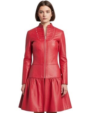 Infinity Leather Goth Victorian Studded Flare Coat- Ribet Lamb Leather - Red