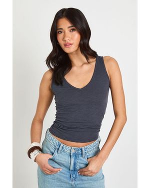 Boohoo Sheer Slub V Neck Vest Top - Blue