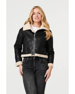 Izabel London Faux Suede Teddy-Lined Cropped Jacket - Black