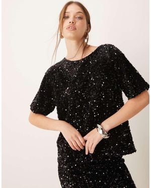 Vila Sequin & Velour T-Shirt Co-Ord - Black