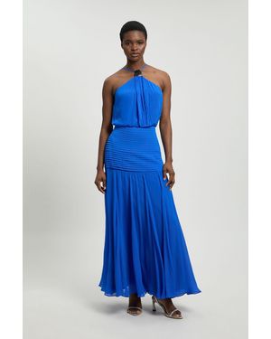 Karen Millen Viscose Georgette Drop Hem Woven Halter Neck Maxi Dress - Blue