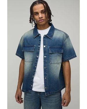 BoohooMAN Boxy Fit Washed Pocket Detail Denim Shirt - Blue