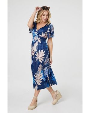Izabel London Leaf Print Empire Waist Midi Dress - Blue