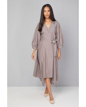 Wallis Stripe Wrap Midi Dress - Grey