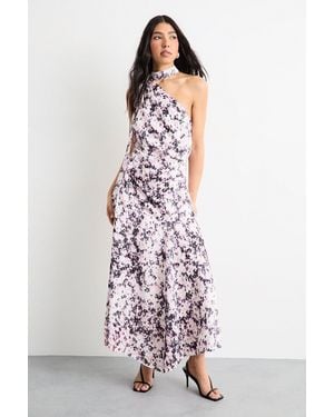 Warehouse Printed Scarf Tie Asymmetric Satin Maxi Dress - Multicolour