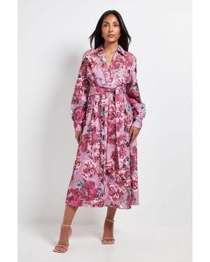 Wallis Petite Floral Lace Print Belted Midi Dress - Red