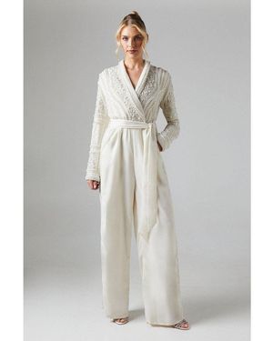 Coast Pearl Embellished Bodice Velvet Bridal Jumpsuit - Grey