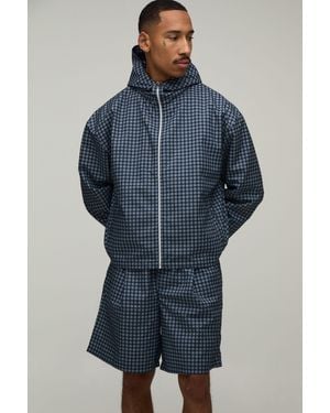 BoohooMAN Checked Funnel Neck Wind Breaker Baggy Short Set - Blue