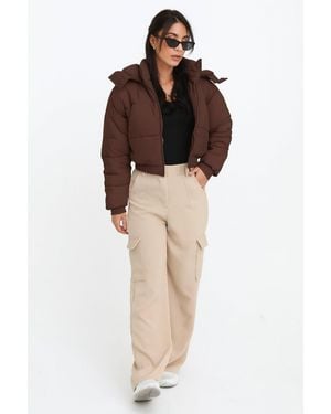 Femme Luxe Cropped Padded Long Sleeve Zip Front Shower Proof Jacket - Brown