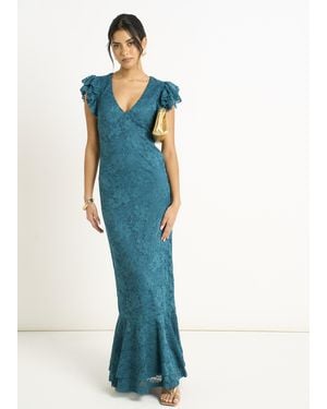 Gini London Jersey Kanten V-Hals Maxi Jurk Met Ruches - Blauw