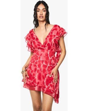 Boohoo Floral Chiffon Ruffle Detail Mini Dress - Red