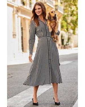 Sosandar Houndstooth Print Belted Shirt Dress - Grey