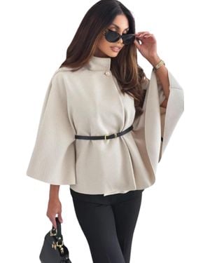 Femme Luxe Belted High Neck Cape Coat - Natural
