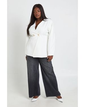 Boohoo Plus Shell Trim Cinched Waist Blazer - White