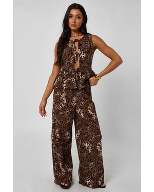 Urban Bliss Leopard Linen-Look Elasticated Wide Leg Trouser - Brown