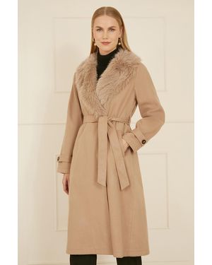 Yumi' Wrap Around Coat With Faux Fur Collar - Natural