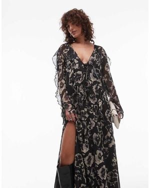 TOPSHOP Long Sleeve Ruffle Midi Dress - Black