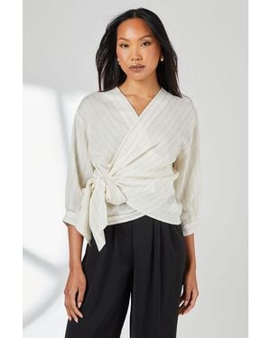 PRINCIPLES Ivory Striped Linen Blend Wrap Top - White