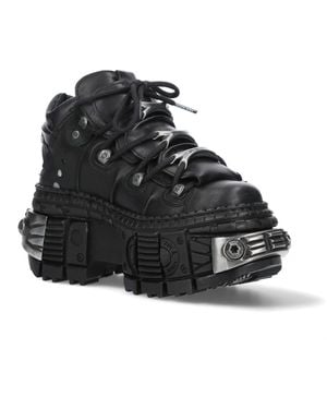 New Rock Leather Platform Ankle Boots-Wall106-S10 - Black