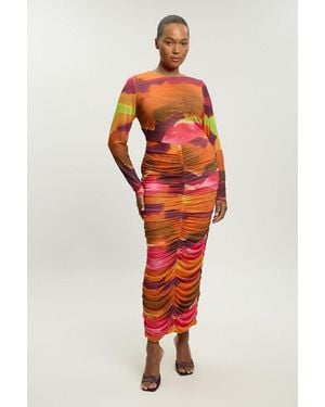 Karen Millen Plus Size Marbled Print Mesh Ruched Maxi Dress - Red