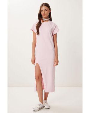 Happiness İstanbul Slim Fit Midi Dress With Side Slit - Pink