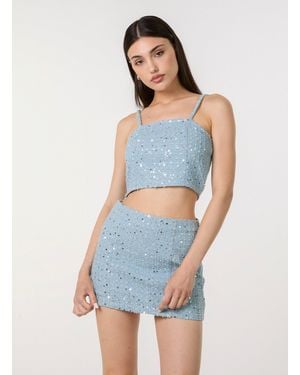 Pink Vanilla Sequin Embellished Denim Top - Blue