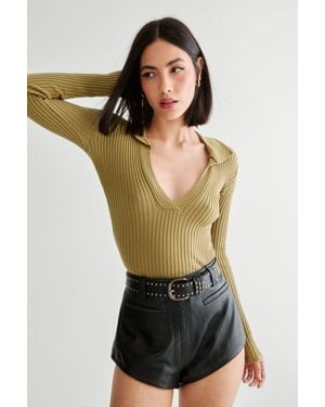 Nasty Gal Collared Ribbed Knitted Top - Black