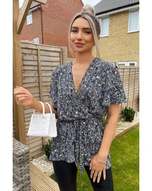 AX Paris Ditsy Print Wrap Short Sleeve Belted Top - Blue