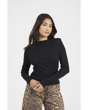 Brave Soul Slash Neck Long Sleeve Ribbed Top - Black