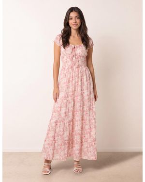 Blue Vanilla Double Front Tie Shirred Ditsy Floral Maxi Dress - Pink