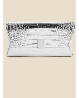 Sosandar Metallic Croc Clutch Bag With Clasp - Natural