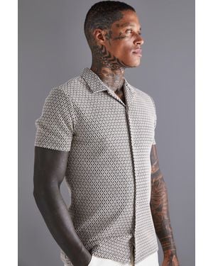 BoohooMAN Slim Short Sleeve Mini Geo Shirt - Grey
