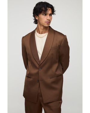 BoohooMAN Relaxed Fit Satin Shawl Collar Blazer - Brown